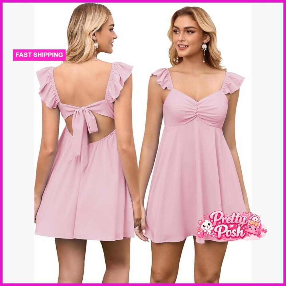 Polyester Elastane V-Neck Backless Ruffle Bow Tie A-Line Mini Sundress